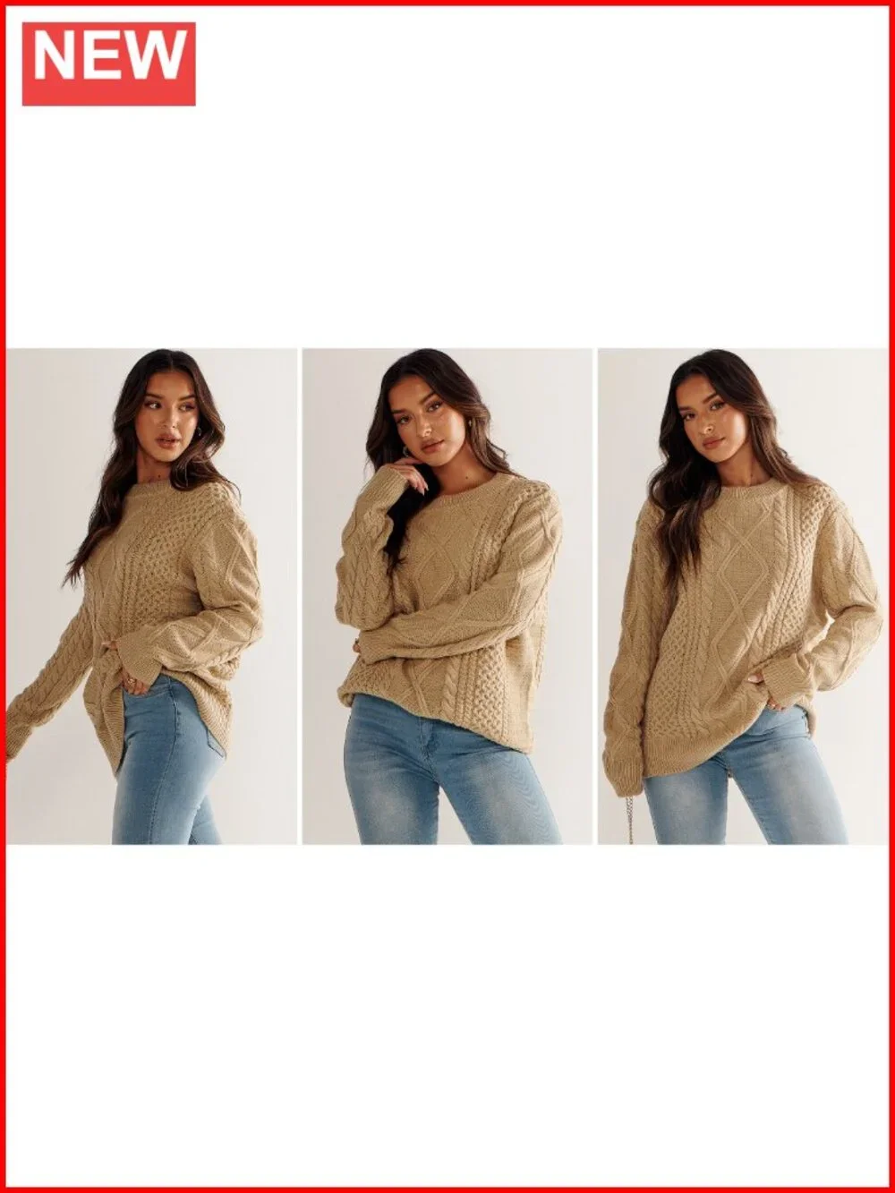 Oversized Cable Knit Pullover Sweater Crewneck Long Sleeve Acrylic